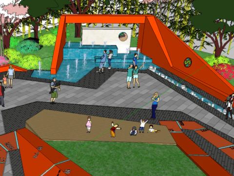 Modern folded city street corner small park sculpture waterscape 3D Model