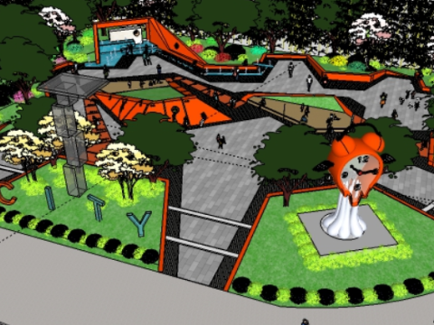 Modern folded city street corner small park sculpture waterscape 3Dモデル