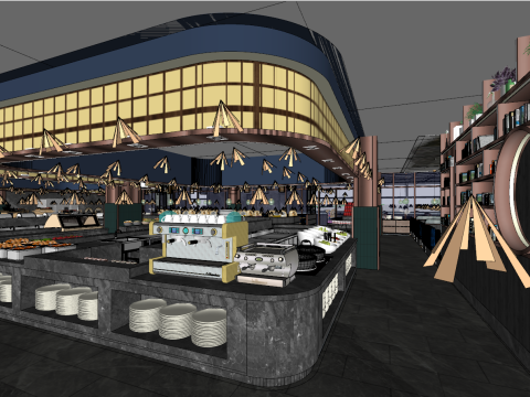 Interior design Modern seafood cafeteria space plan SU fine model 3D मॉडल