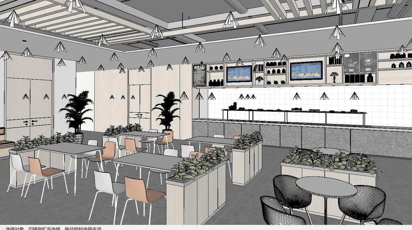 Design of SU precise model for modern canteen seating space 3D Model .c4d .max .obj .3ds .fbx .stl .blend