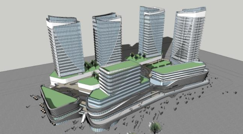 Modern style multi story and high-rise commercial complex building SU model Model 3D .c4d .max .obj .3ds .fbx .stl .blend 