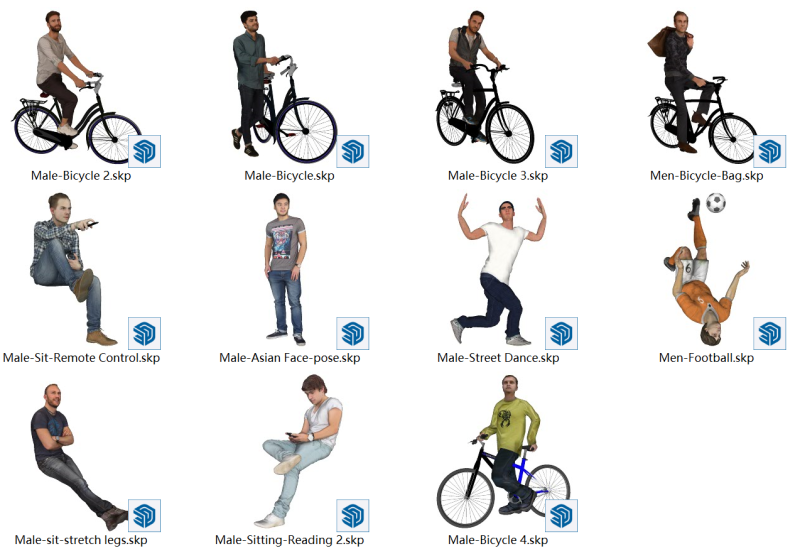 Street dance pose leg stretching football remote control reading bicycle male 3D Модель .c4d .max .obj .3ds .fbx .stl .blend
