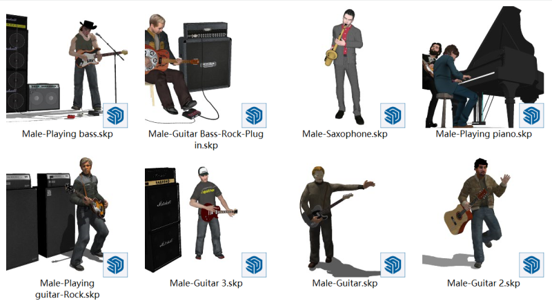 Male playing piano playing guitar rock playing bass plugging in saxophone 3D 模型 .c4d .max .obj .3ds .fbx .stl .blend 