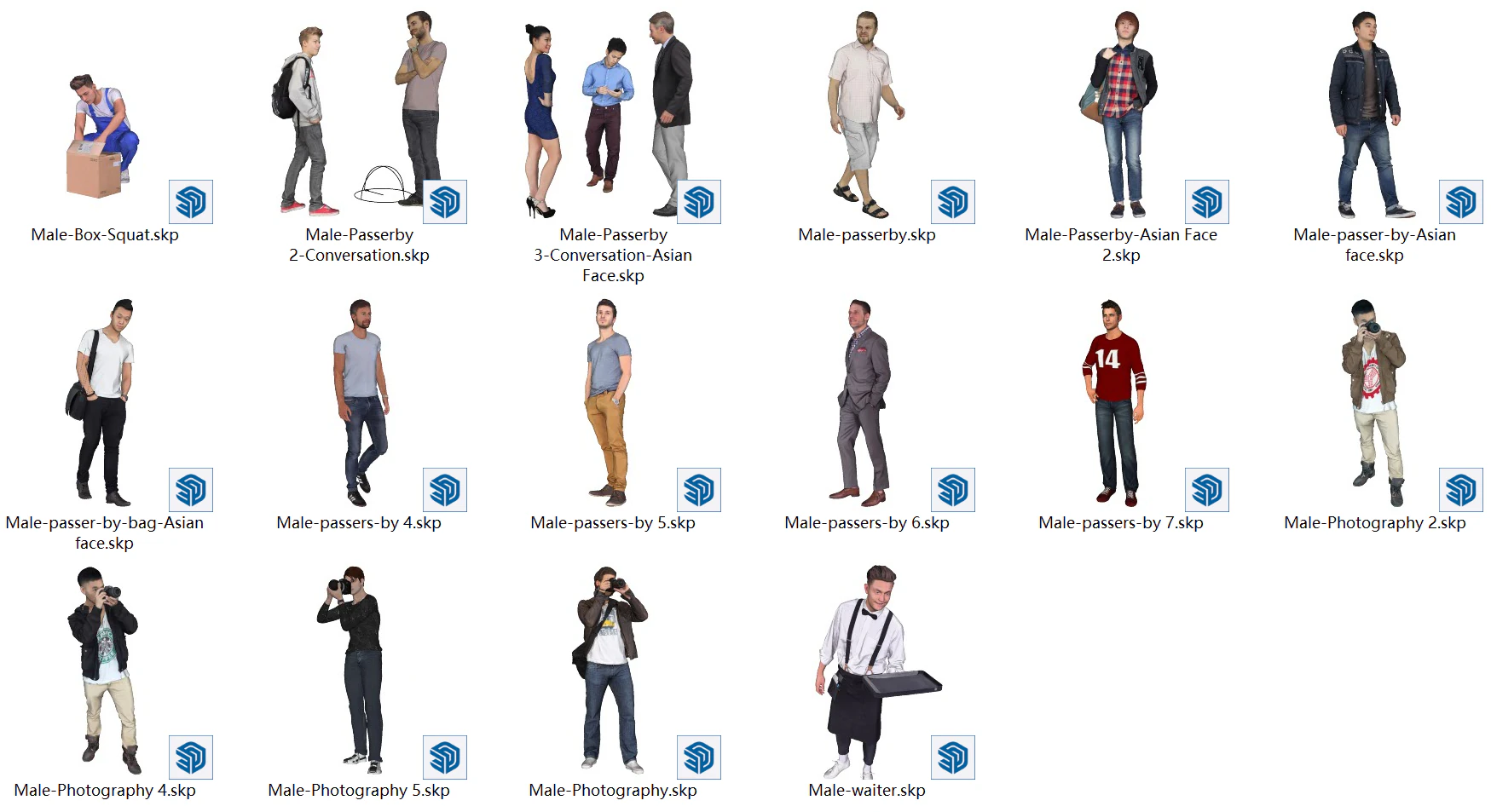 16 male models-waiter squatting passers-by conversation photography 3D Model .c4d .max .obj .3ds .fbx .stl .blend 