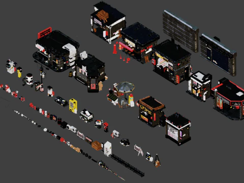 サイバーパンクストリートの建物 3Dモデル