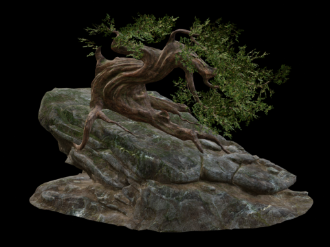 Fantasy Rock Ancient Tree 3D Model