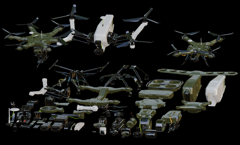 Drones and Parts 3D Model .c4d .max .obj .3ds .fbx .stl .blend