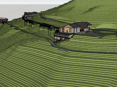 Terraced fields and houses 3D Model