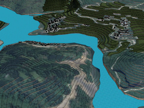段々畑とため池 3Dモデル