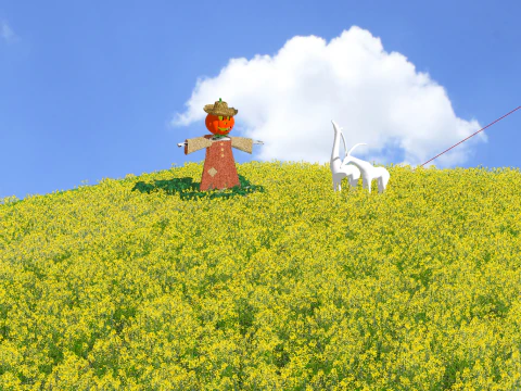 Blue Sky White Clouds Rapeseed Flowers Scarecrow 3D Model