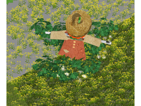 Cielo blu nuvole bianche fiori di colza spaventapasseri Modello 3D