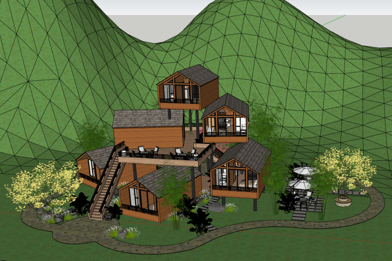 Grupo de casas de madera en familia anfitriona Modelo 3D .c4d .max .obj .3ds .fbx .stl .blend 