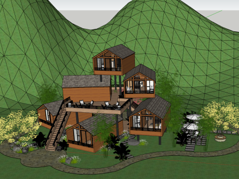 Groupe de maisons en bois chez l'habitant Modèle 3D