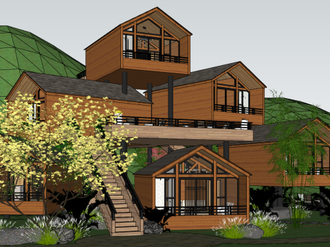 Grupo de casas de madera en familia anfitriona Modelo 3D