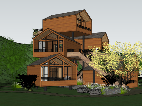 Grupo de casas de madera en familia anfitriona Modelo 3D