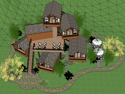 Grupo de casas de madera en familia anfitriona Modelo 3D