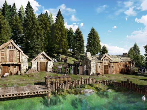 Деревянный дом пейзажный отдых 3D Модель