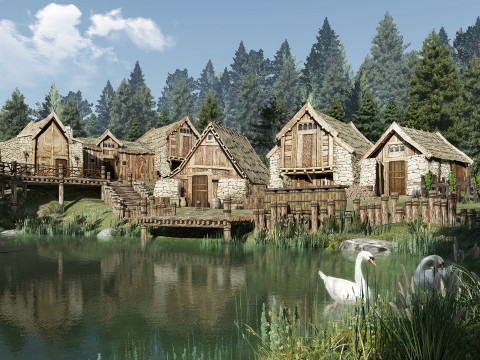 Деревянный дом пейзажный отдых 3D Модель