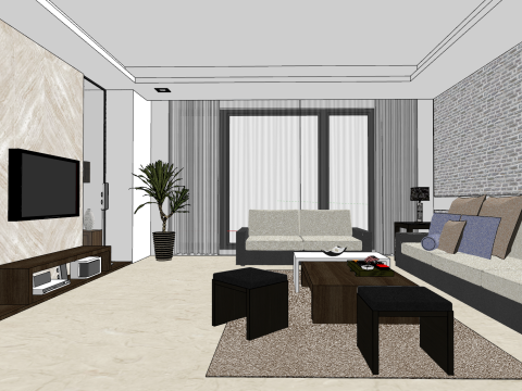 Decoración interior detallada del hogar, escena de casa completa, modelo SU Modelo 3D