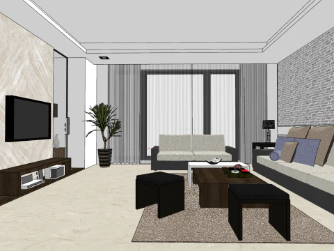 Detail dekorasi rumah dalam ruangan model SU adegan rumah penuh Model 3D