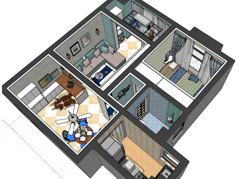 विस्तृत इनडोर घर सजावट पूरे घर का दृश्य मॉडल 3D मॉडल