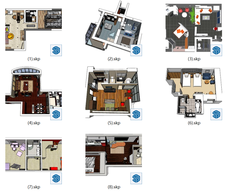 5 conjuntos de modelos SU de cena de casa cheia de decoração de casa interna Modelo 3D .c4d .max .obj .3ds .fbx .stl .blend