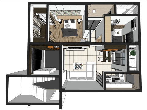 Volledig ontwerp en ruimteplanning voor een unit met twee slaapkamers 3D Model