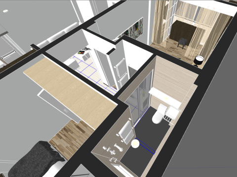 Progettazione completa e pianificazione dello spazio per un'unità con due camere da letto Modello 3D