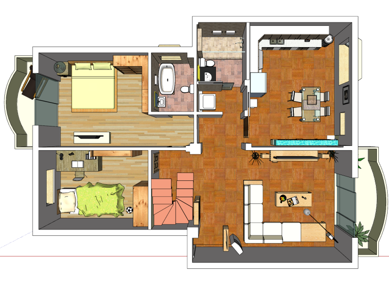 Повномасштабний дизайн і планування приміщення з двома спальнями 3D Модель .c4d .max .obj .3ds .fbx .stl .blend