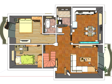 दो-बेडरूम इकाई के लिए पूर्ण-स्कोप डिज़ाइन और स्थान योजना 3D मॉडल