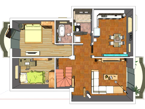 İki Yatak Odalı Birim İ&ccedil;in Tam Kapsamlı Tasarım ve Alan Planlama 3D Model