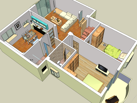 Повномасштабний дизайн і планування приміщення з двома спальнями 3D Модель