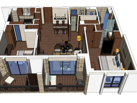 Progettazione completa e pianificazione dello spazio per un'unità con due camere da letto Modello 3D