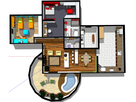 2베드룸 유닛의 전면적인 설계 및 공간 계획 3D 모델