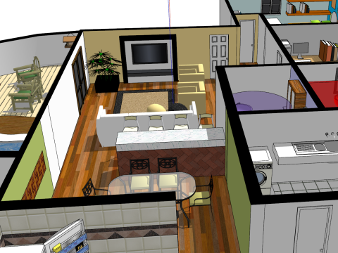 2베드룸 유닛의 전면적인 설계 및 공간 계획 3D 모델