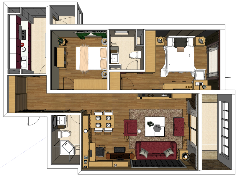 Zintegrowane rozwiązanie projektowe dla rezydencji z dwiema sypialniami Model 3D .c4d .max .obj .3ds .fbx .stl .blend 