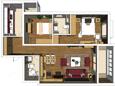 2ベッドルーム住宅向けの統合設計ソリューション 3Dモデル