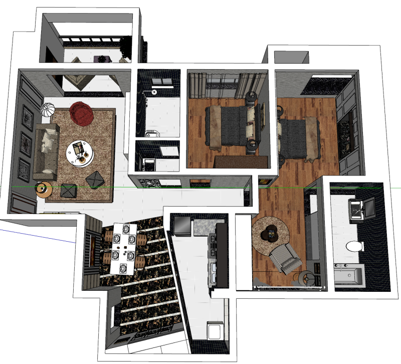 2ベッドルームの家の設計計画 3Dモデル .c4d .max .obj .3ds .fbx .stl .blend 