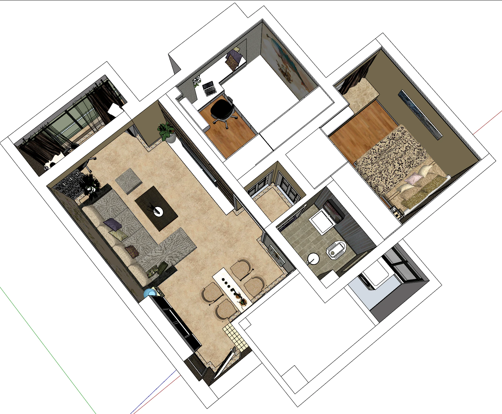 Two bedroom all-around planning scheme 3D Model .c4d .max .obj .3ds .fbx .stl .blend 
