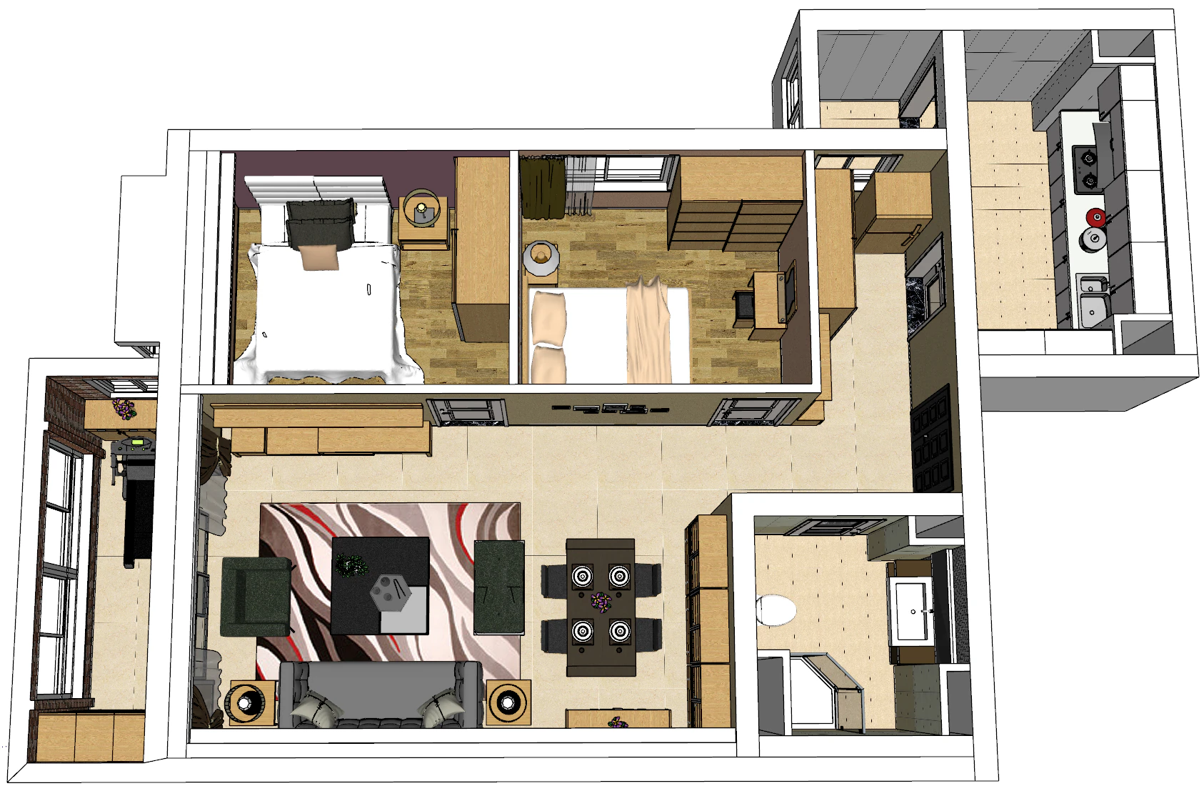 Two bedroom all-around planning solution 3D Model .c4d .max .obj .3ds .fbx .stl .blend 