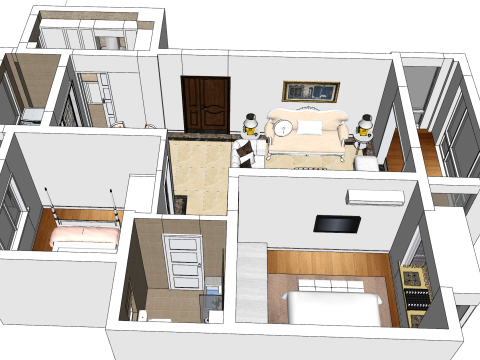 Keindahan Perencanaan Sistem Komprehensif Dua Kamar Inci Persegi Model 3D