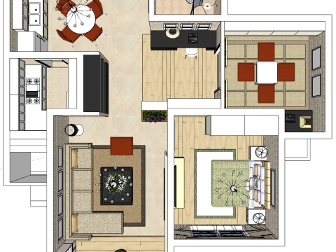 Idealny projekt przestrzenny domu z dwiema sypialniami Model 3D