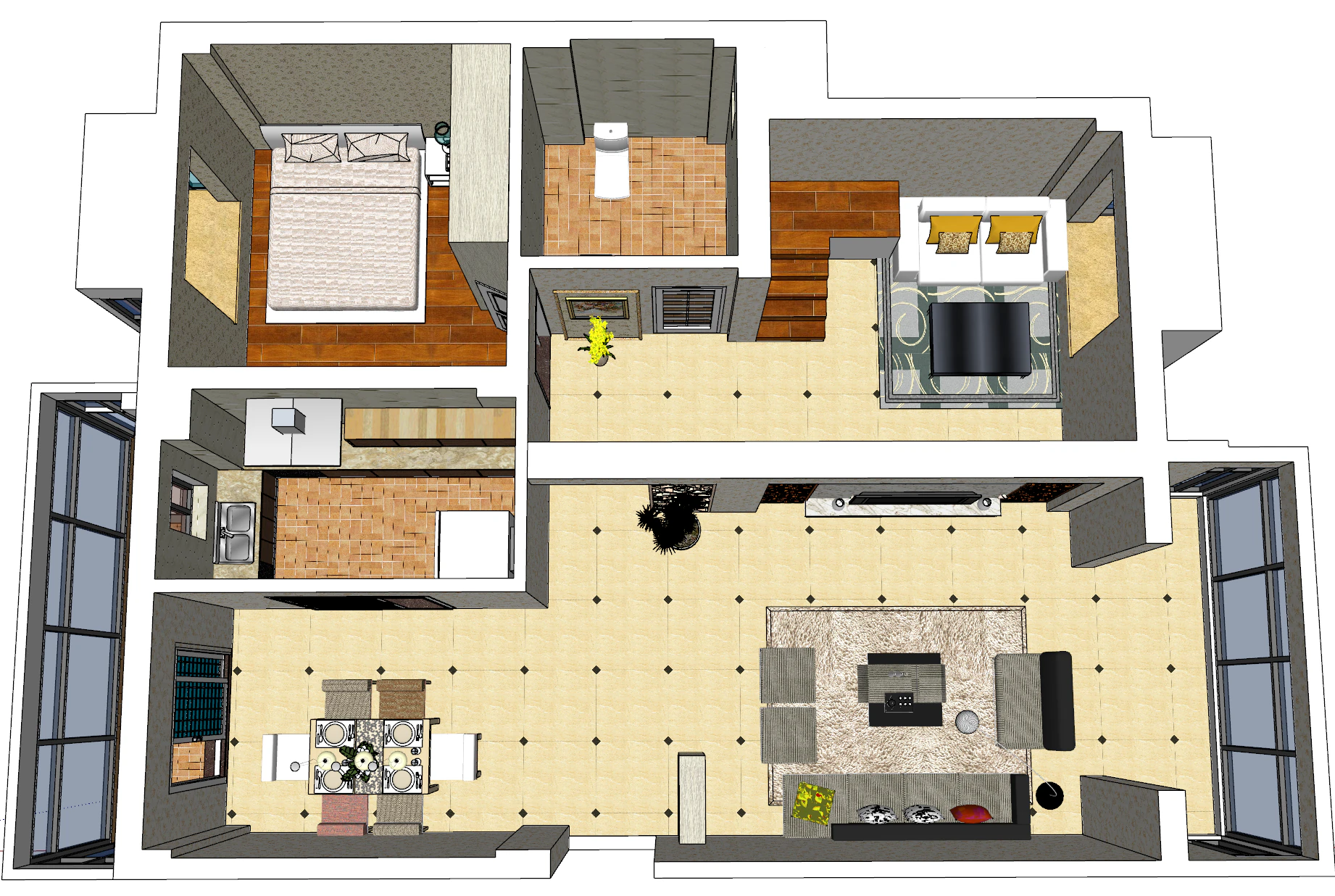 Two bedroom all-around design 3D Model .c4d .max .obj .3ds .fbx .stl .blend 