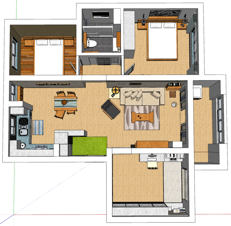 Gesamtgestaltung eines Wohnraums mit zwei Schlafzimmern 3D Modell .c4d .max .obj .3ds .fbx .stl .blend 