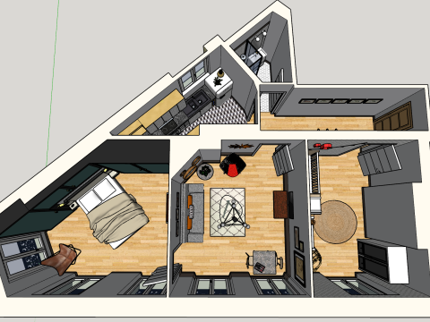 2ベッドルームレイアウトの機能性と美観の全体的なプランニング 3Dモデル