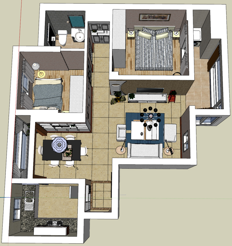 Gesamtlösung für Haushalte mit zwei Schlafzimmern 3D Modell .c4d .max .obj .3ds .fbx .stl .blend 
