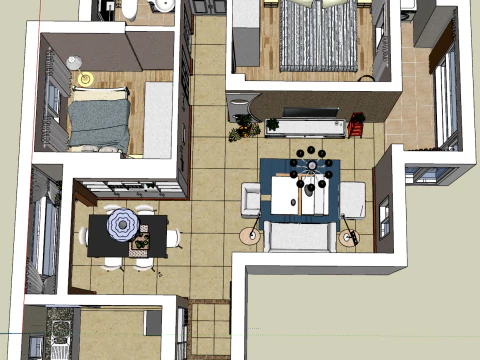 Solusi menyeluruh untuk rumah tangga dengan dua kamar tidur Model 3D