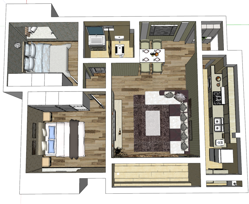 2개의 침실 레이아웃에 대한 심층적인 설계 및 전반적인 계획 3D 모델 .c4d .max .obj .3ds .fbx .stl .blend