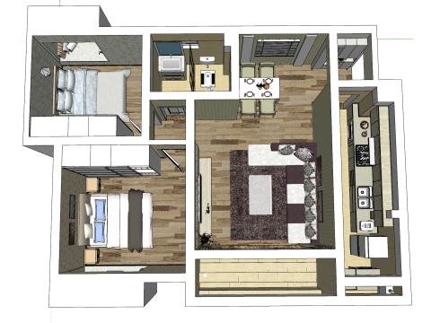 Conception approfondie et planification globale des aménagements de deux chambres Modèle 3D