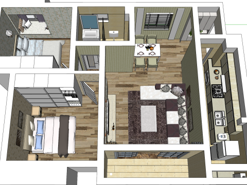 2개의 침실 레이아웃에 대한 심층적인 설계 및 전반적인 계획 3D 모델